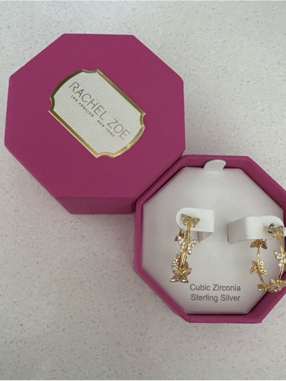 Rachel Zoe Gold Butterfly Hoop Earrings with Pink Box